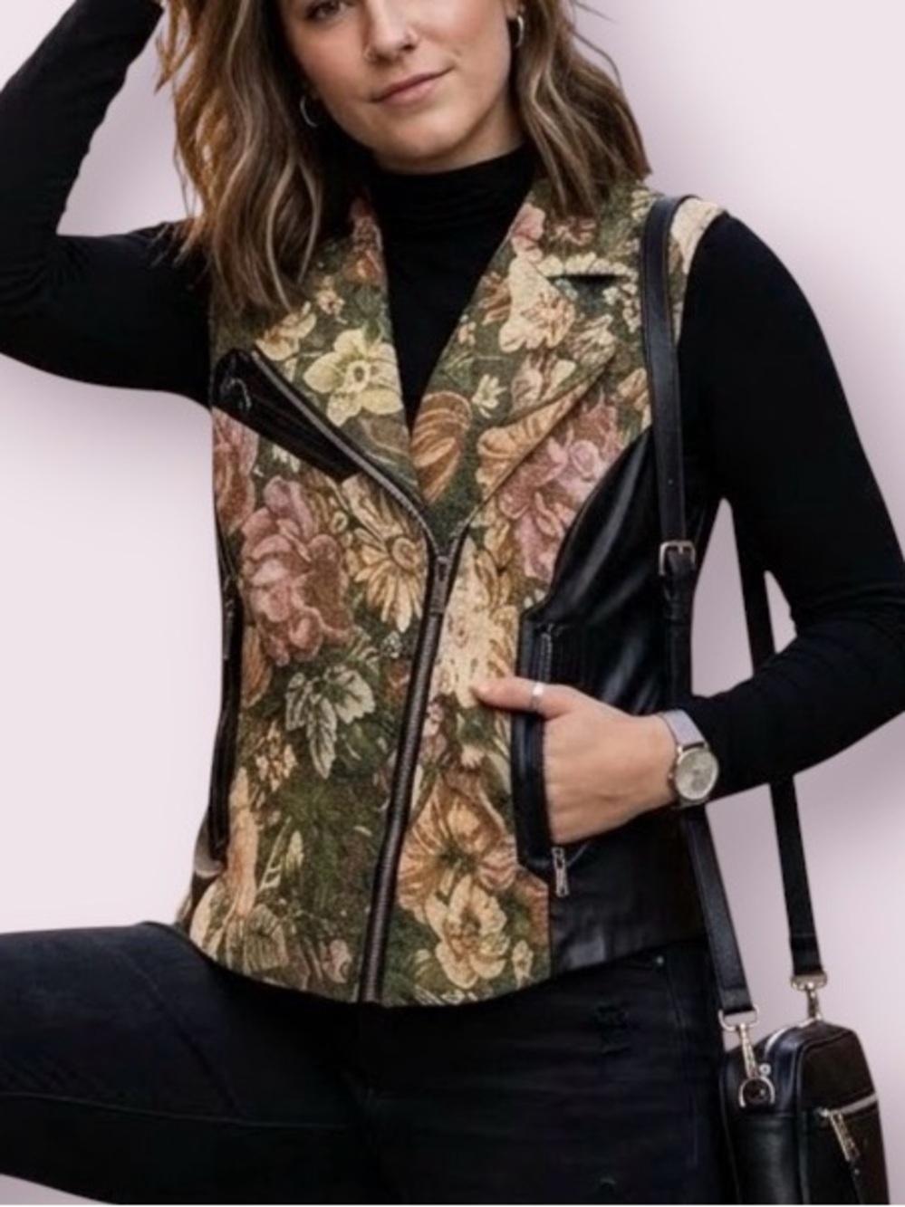 Two By Vince Camuto Tapestry & Faux Leather Moto Vest Floral Size Medium